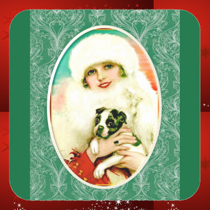 Adesivo Quadrado Senhora do vintage com Boston Terrier