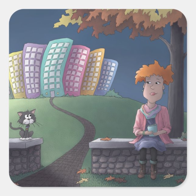 Adesivo Quadrado Senhora Gato no Praça do Parque (Frente)