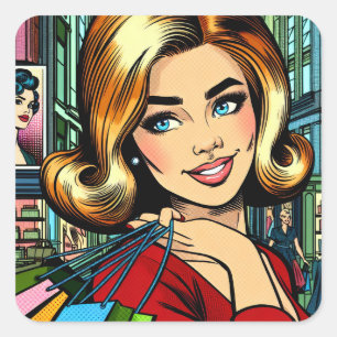 Adesivo Quadrado Senhora retrô com Meio século de sacos de compras