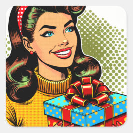 Adesivo Quadrado Senhora Retrô segurando um presente de aniversário
