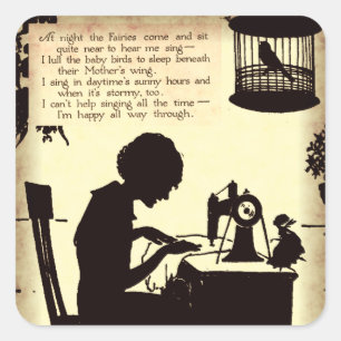Adesivo Quadrado Senhora Sewing de canto Vintage Fada Poema