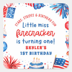 Adesivo Quadrado Senhorita Firecracker 4 de julho primeiro aniversa