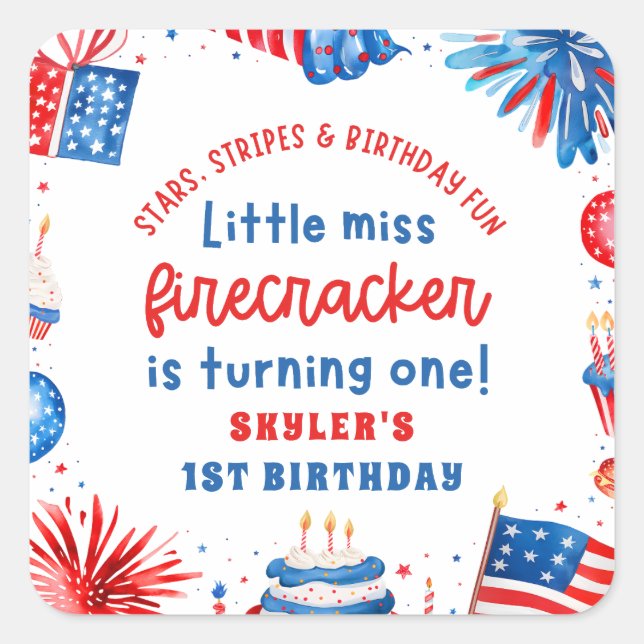 Adesivo Quadrado Senhorita Firecracker 4 de julho primeiro aniversa (Frente)