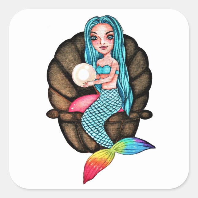 Adesivo Quadrado Sereia Arco-Íris Com Pérola Em Aquarela (Frente)