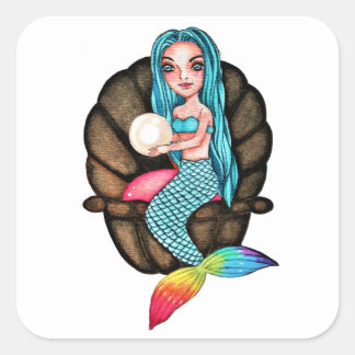 Adesivo Quadrado Sereia Arco-Íris Com Pérola Em Aquarela