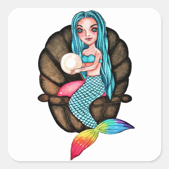Adesivo Quadrado Sereia Arco-Íris Com Pérola Em Aquarela (Frente)