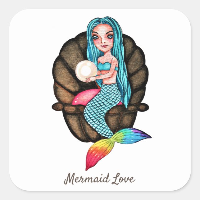 Adesivo Quadrado Sereia Arco-Íris Com Pérola Em Aquarela (Frente)