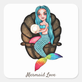 Adesivo Quadrado Sereia Arco-Íris Com Pérola Em Aquarela