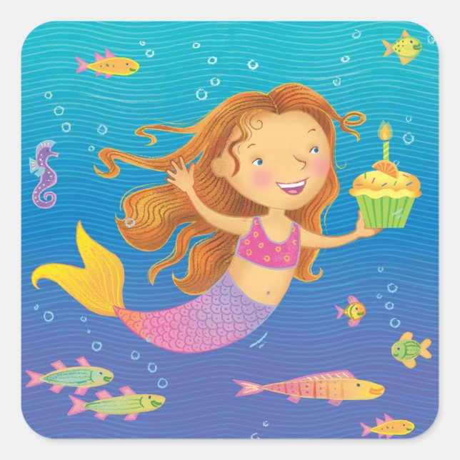 Adesivo Quadrado Sereia Birthday Square Stickers (Frente)