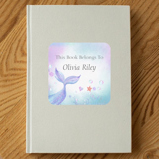 Adesivo Quadrado Sereia De Aquarela Whimsical Este Livro Pertence A (This will make a splash with your little girl!)