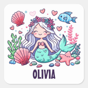 Adesivo Quadrado Sereia de desenho animado fofo personalizado 