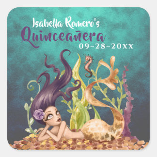 Adesivo Quadrado Sereia e Cavalo do Mar sob o Mar Quinceañera