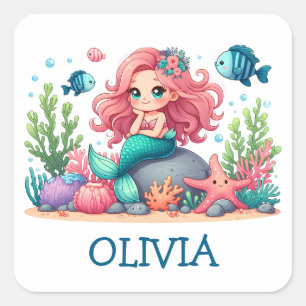 Adesivo Quadrado Sereia e Peixe Caprichosos Fofos Personalizados