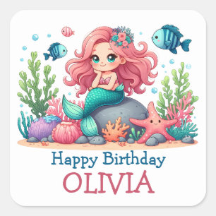 Adesivo Quadrado Sereia e Peixe de Aniversário Personalizados Fofos
