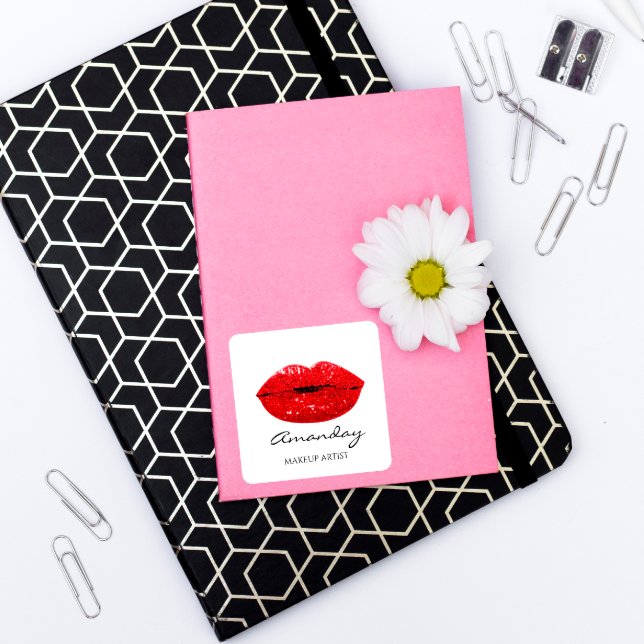 Adesivo Quadrado Sereia Makeup Artista Vermelho Lábios Nome Bridal (Criador carregado)