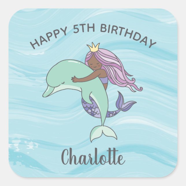 Adesivo Quadrado Sereia Púrpura da Pele Escura com Golfinho Anivers (Frente)