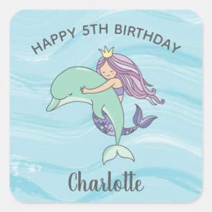 Adesivo Quadrado Sereia Púrpura de Pele Justa com Golfinho Aniversá