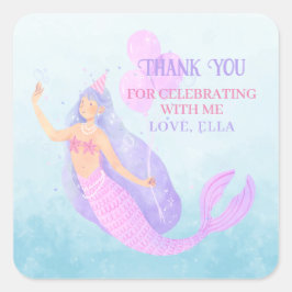 Adesivo Quadrado Sereia sob o mar Azul de Aniversário Obrigado
