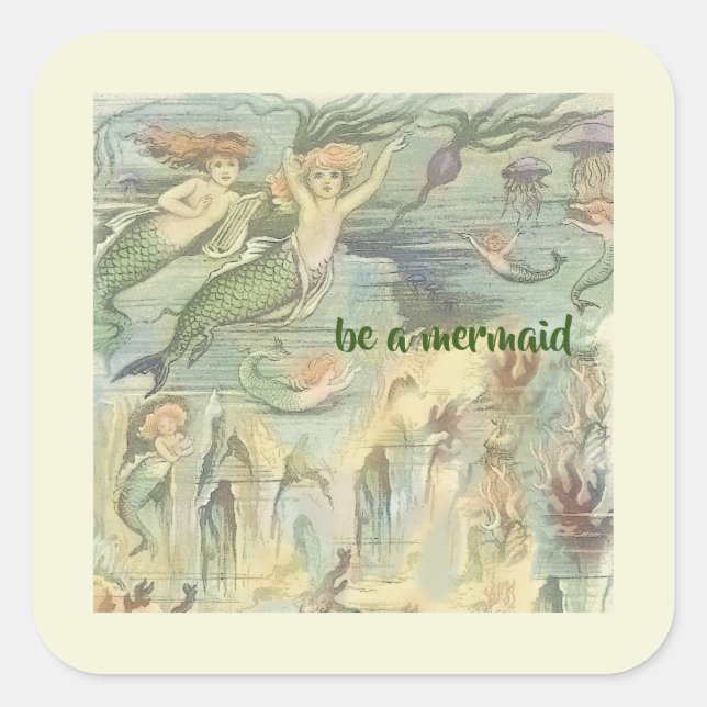 Adesivo Quadrado Sereias venenosas com coral e água-viva náutica (Frente)