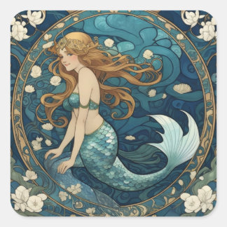 Adesivo Quadrado Sereid Art Nouveau Art Deco Estilo Azul
