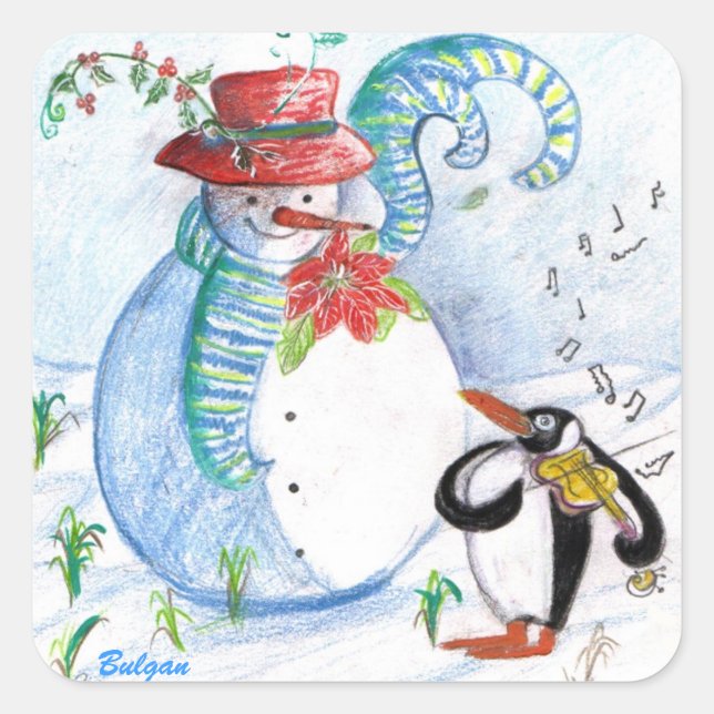 ADESIVO QUADRADO SERENADE DE INVERNO DE SNOWMAN E PENGUIN (Frente)