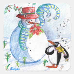 ADESIVO QUADRADO SERENADE DE INVERNO DE SNOWMAN E PENGUIN