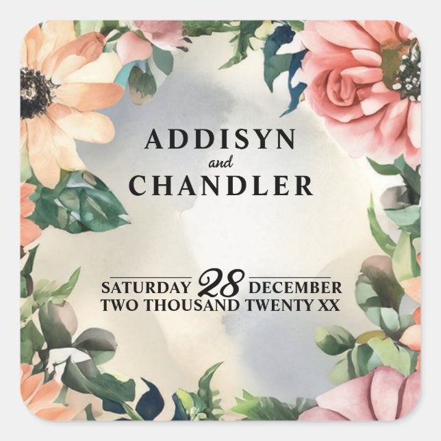 Adesivo Quadrado Serene Garden Wreath: Pastel Floral Elegance (Frente)