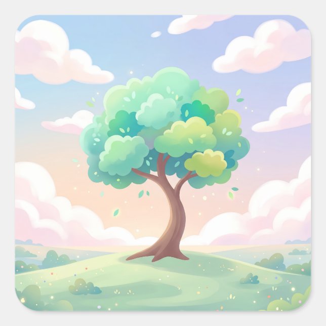 Adesivo Quadrado Serene Green Tree and Pastel Clouds (Frente)