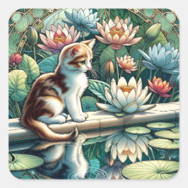 Adesivo Quadrado Serene Kitten Waterlily Art Nouveau