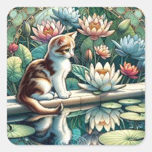 Adesivo Quadrado Serene Kitten Waterlily Art Nouveau