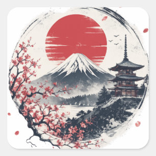 Adesivo Quadrado Serenidade do Pôr do Sol no Monte Fuji – Arte Japo