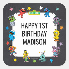 Adesivo Quadrado Sesame Street Characters Chalkboard Birthday