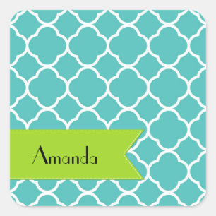 Adesivo Quadrado Seu Nome - Forma Quatrefoil - Branco Azul