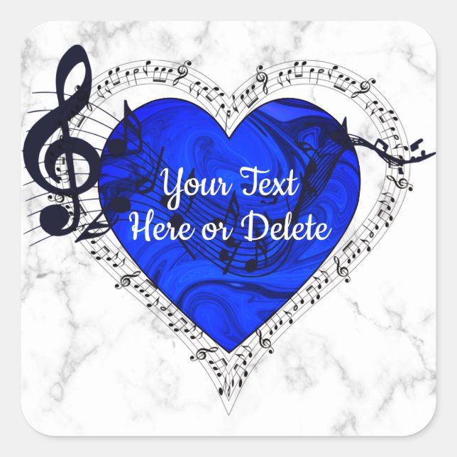 Adesivo Quadrado Seu texto Blue Hearble Treble Clef Music em Marble (Frente)