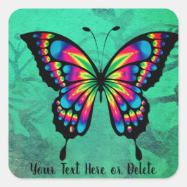 Adesivo Quadrado Seu texto cor-de-rosa brilhante e borboleta azul T