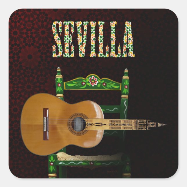 Adesivo Quadrado SEVILLA. Guitarra flamenca con Giralda de Sevilla. (Frente)