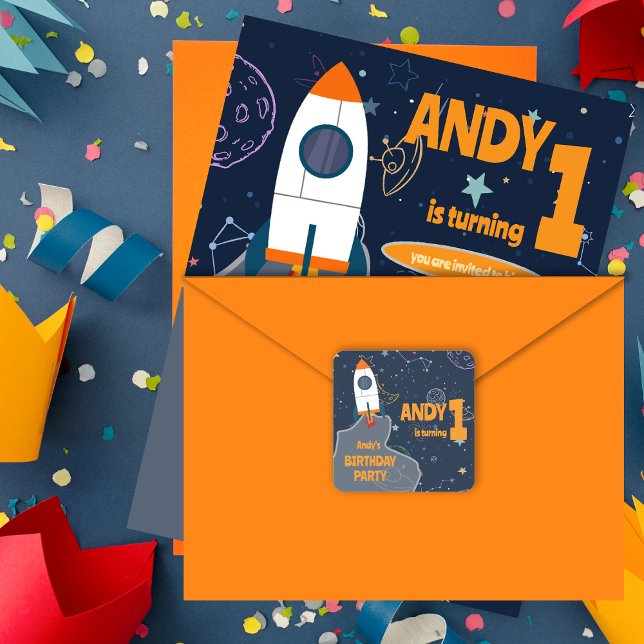 Adesivo Quadrado Sexo Neutro Espaço Exterior Primeira Festa de aniv (Gender Neutral Outer Space First Birthday Party Square Sticker)