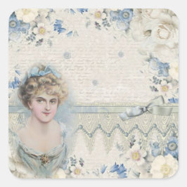 Adesivo Quadrado Shabby Chic Antiga Senhora Vitoriana com Flores