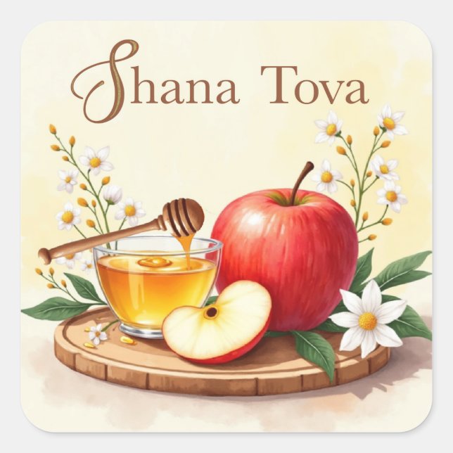Adesivo Quadrado Shana Tova Rosh Hashanah Apple e flores de mel (Frente)
