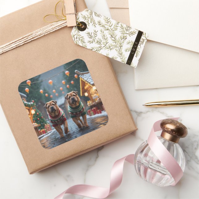 Adesivo Quadrado Shar Pei  Dogs Christmas Snow Holiday (Presentear)