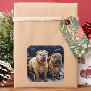 Adesivo Quadrado Shar Pei Snowy Sleigh Decência de Natal