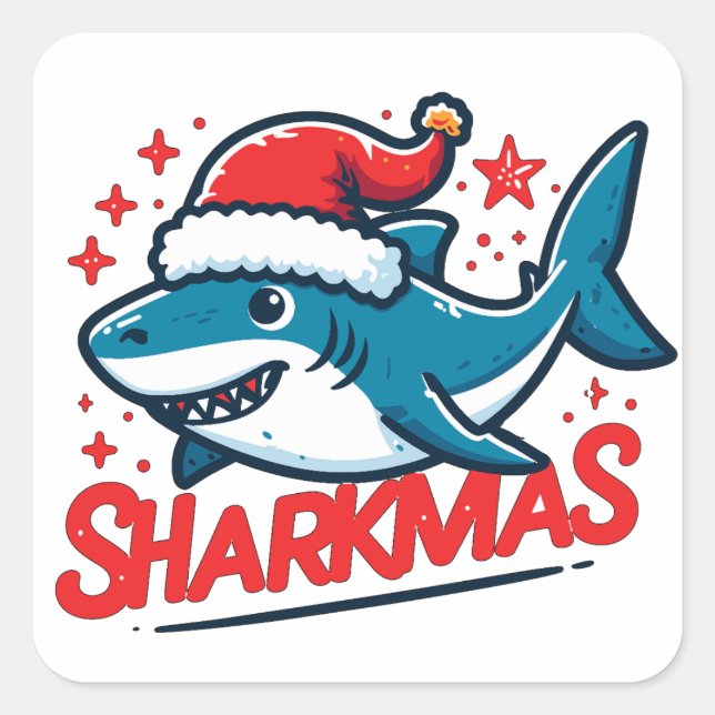 Adesivo Quadrado Sharkmas feliz, Tubarão de Natal, Natal Engraçado, (Frente)
