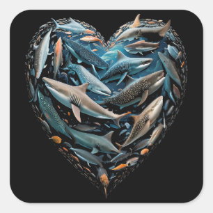 Adesivo Quadrado Sharks Ocean Beach Lovers Love Heart