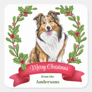 Adesivo Quadrado Shetland Sheepdog Holly Banner Christmas