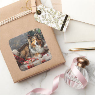 Adesivo Quadrado Shetland Sheepdog Natal Festivo