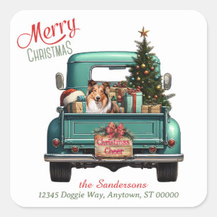 Adesivo Quadrado Shetland Sheepdog Retro Truck Christmas
