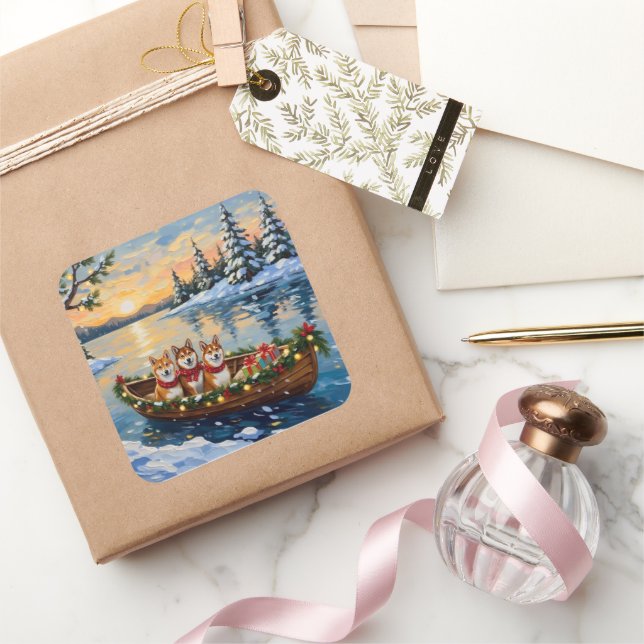 Adesivo Quadrado Shiba Inu Christmas Boat Holiday (Presentear)