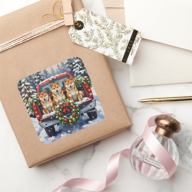 Adesivo Quadrado Shiba Inu Christmas Red Truck Holiday (Presentear)