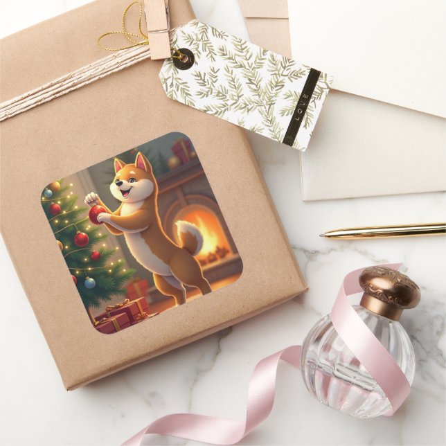 Adesivo Quadrado Shiba Inu Decorating the Christmas Tree Painting (Presentear)