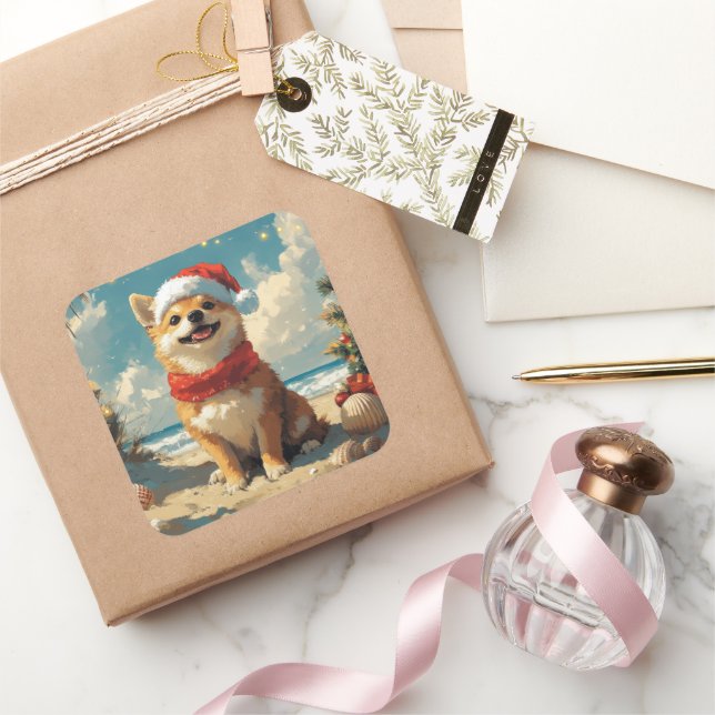 Adesivo Quadrado Shiba Inu Dog Christmas Vintage Beach (Presentear)